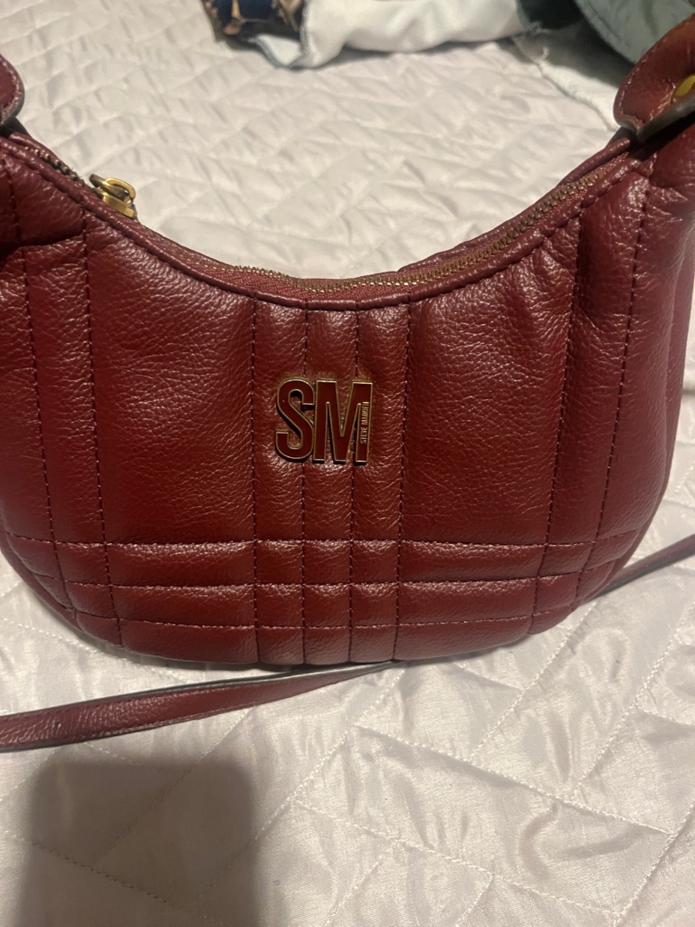 Steve Madden Burgundy Quilted Shoulder Bag | SM Logo Mini Hobo Purse - Picture 2 of 4